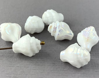 White Conch, Seashell Czech glass beads, pressed, irridescent aurora borealis luster, snail, shell - 15mm x 12mm - 6 or 12 pcs  - AB497-b185