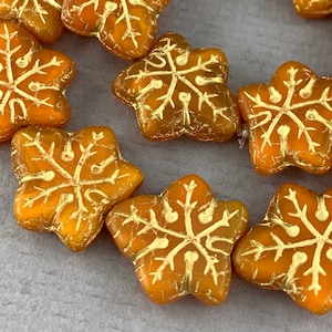 Orange Czech glass chestnut leaf beads, gold or bronze wash, pressed beads, fall beads - 17mm x 16mm - 2 or 6 pcs - FB1085-b321