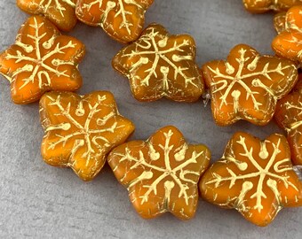 Orange Czech glass chestnut leaf beads, gold or bronze wash, pressed beads, fall beads - 17mm x 16mm - 2 or 6 pcs - FB1085-b321