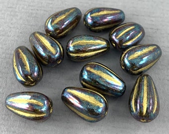 Black Czech glass melon teardrop beads, peacock rainbow aurora borealis, gold wash, pear shaped, drop - 6 pcs - 13mm x 8mm - MG007-b82