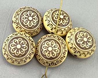 Etched puffy flower coin beads, acrylic, ivory & brown, vintage style, large chunky, ornate, cream - 20mm by 14mm - 4pc - RD288-b351