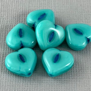 Turquoise Greenish Blue pressed Czech glass heart beads , dark teal detail, puffy heart - 14mm x 13mm - 6pcs - MG080-b011