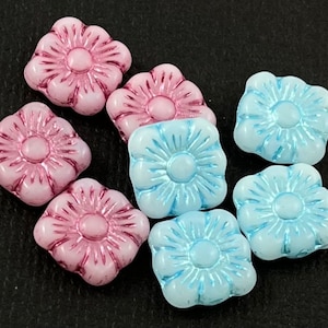 Square Flower beads, Czech glass, daisy, milky white, metallic aqua blue or pink wash - 11mm - 12pcs - FB1445-b120