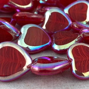 Red Czech glass table cut heart beads with golden blue aurora borealis finish edge - 16mm - 6 pcs -MG724-b46