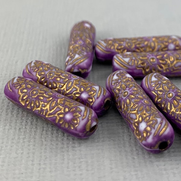 Tube beads, etched rectangle acrylic, Purple and Gold, vintage style, flower detail, ornate moroccan - 21mm x 6mm - 12pc - GEO298-b288
