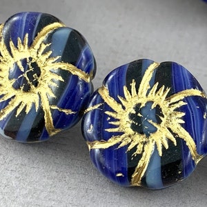 Large, Striped variegated Blue Czech glass flower focal bead, pale gold wash - 22mm - 1 pc - FB665-b151