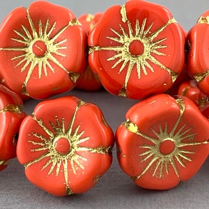 Grandes perles de fleurs en verre tchèque, orange corail, détails dorés - 20 mm - 4 pcs - FB600-b139