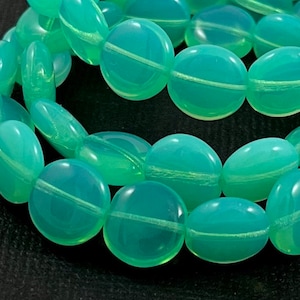 Opal Green Czech glass pressed lentil shaped beads with glossy finish - 10mm - 15pcs - GEO342-b293