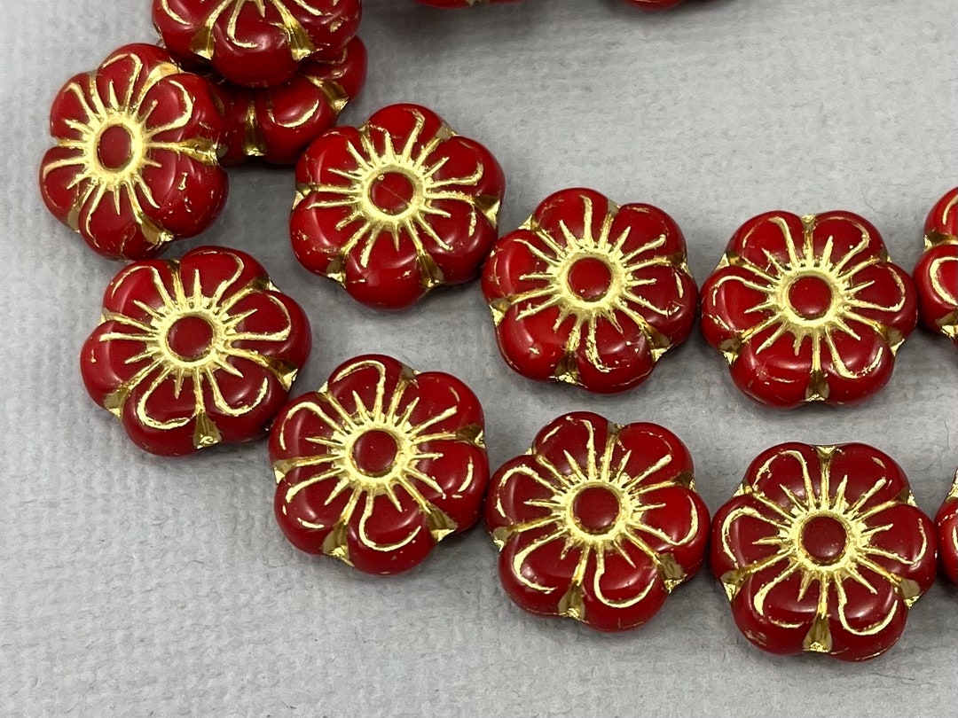 Cherry Red Pressed Czech Glass Flower Beads, Gold Wash, 6 Petal Flower