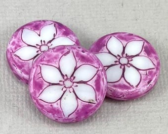 Poinsettia flower beads, Czech glass flower coin, White, Orchid Purple wash - 18mm - 2, 4 or 8 pcs - FB2302-b350