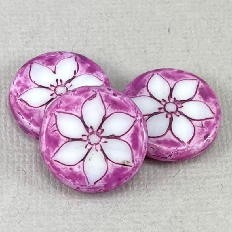Poinsettia Flower Beads, Czech Glass Flower Coin, White, Orchid