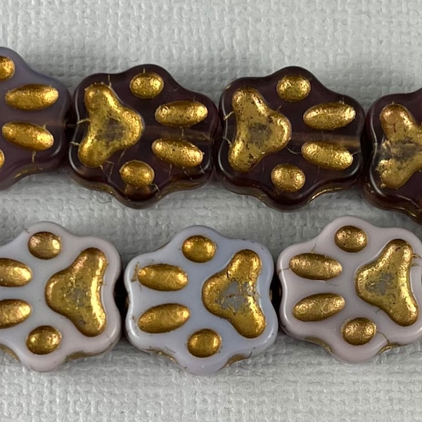 Pressed, stone purple or transparent purple Czech glass cat paw print, dog paw print beads old gold finish - 13mm - 4pcs - AB419-b177