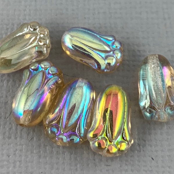 Transparent Crystal Clear Czech glass tulip beads, puffy flowers, Yellow and Rainbow aurora borealis - 12mm x 8mm - 12pcs - FB2039-b194