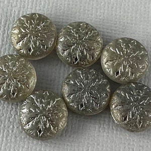 Puffy snowflake lentil beads, Matte transparent smoky gray Czech glass, pressed, silvery gray finish coin - 11mm - 6 or 12 pcs - MG196-b222