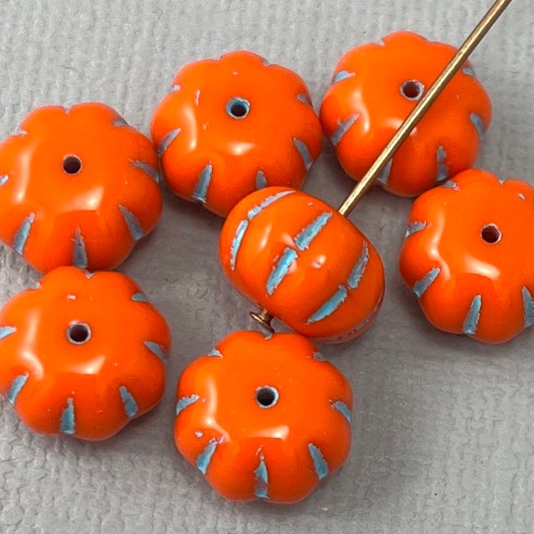 Orange fluted, pressed Czech glass melon, pumpkin beads, aqua blue wash, grooved beads - 11mm x 8mm - 10 pcs - RD198-b011