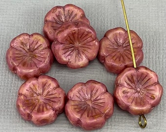 Hibiscus beads, Czech glass flower, Dusty Pink, matte, caramel picasso, pressed beads - 14mm - 6 or 12 pcs - FB1639-b079