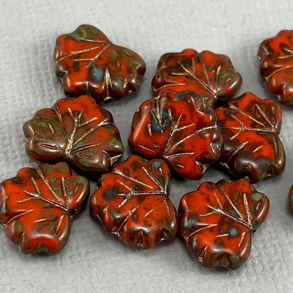 Orange Czech glass maple leaf beads, pressed beads, heavy brown picasso, bronze wash - 13mm x 11mm - 10 or 20 pcs - FB1542-b343