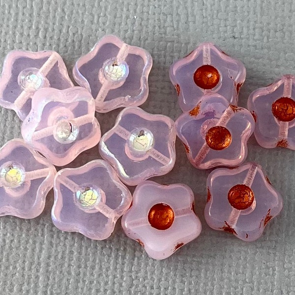 Opal Pink Czech glass flower beads, Table cut starflower, star flower, copper aurora borealis center, opaline - 11mm - 12pcs - FB1285-b051