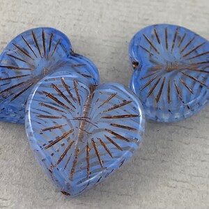 Blue Czech glass heart beads, clear zebra stripes, bronze starburst - 22mm - 2pcs - MG049-b213