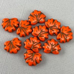 Pumpkin Orange Czech glass maple leaf beads, pressed beads, bronze wash - 13mm x 11mm - 10 or 20 pcs - FB101-b347