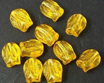 Sunflower Yellow Czech glass mini tulip flower beads, gold luster - 9mm x 7mm - 10, 20 or 40 pcs - FB261-b092
