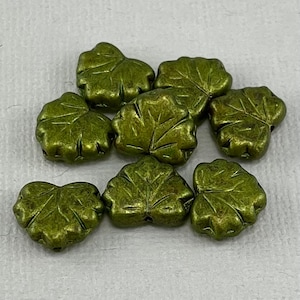 Maple leaf beads, matte Metallic Olive Green Czech glass, pressed beads, gold luster - 13mm x 11mm - 10 pcs - FB1590-b082