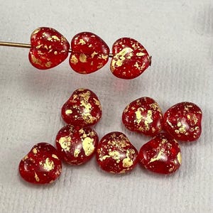 Siam Red pressed Czech glass heart beads, metallic gold dusted puffy heart, small heart, beads for jewelry - 8mm - 25pcs - MG1220-b104