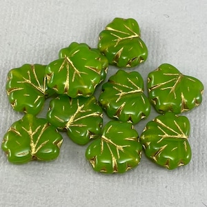 Opal Green Czech glass maple leaf beads, opaline green, pressed, milky glass, bright gold wash - 13mm x 11mm - 10 pcs - FB1588-b333