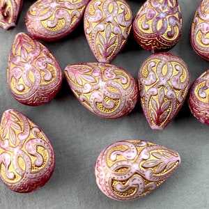 Moroccan etched teardrop acrylic pendant, lavender, gold, vintage style, leaf detail, ornate, lilac, purple - 19mm x 13mm - 6pc - MG282-b269