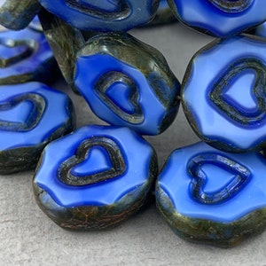 Variegated Royal Blue and White Czech glass table cut coin beads, carved heart, black brown picasso, table cut - 18mm - 2pcs - MG717-b163