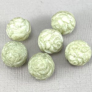 Pale Mose Green pressed Czech glass rose beads, round, round beads - 13mm - 6 pcs - FB621-b123