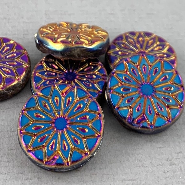 Metallic Blue Czech glass mandala flower coin beads, rainbow detail, origami flower beads, aurora borealis - 18mm - 2 or 4 pcs - FB078-b014
