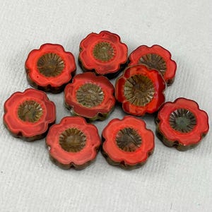 Opaque Raspberry Red Czech hibiscus glass flower beads, chocolate brown detail, table cut, orange, coral - 14mm - 6 pcs - FB321-b069