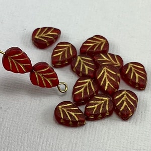Birch leaf beads, Red Czech glass, matte finish, gold wash, beads for jewelry, transparent, mint leaf - 10mm x 8mm - 20 pcs - FB1645-b038