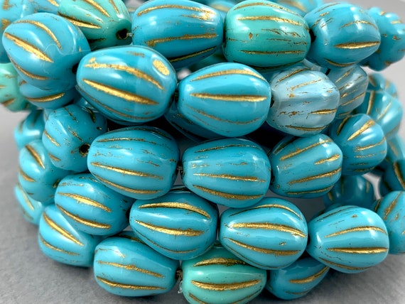 Fluted Czech Glass Teardrop Beads, Pear Shaped, Gilded Detail