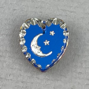 Crystal clear helio blue, silver moon and stars, intaglio buff glass heart pendant, charm, top drilled - 15mm x 14mm - 1pc - MG466-d0