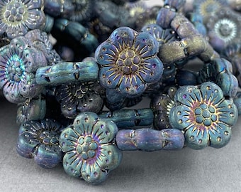 Matte Blue Gray Czech glass wild rose flower beads, peacock luster, golden aurora borealis - 14mm - 6 or 12 pcs - FB601-b268