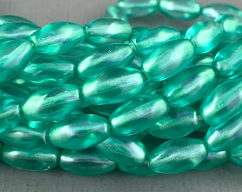 Seafoam Green Czech glass pressed twisted oval shaped beads, pearl aqua green finish, crystal core - 12mm x 7mm - 25 pcs - GEO264-b73