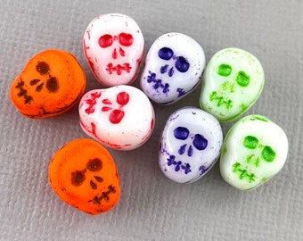 Small Czech glass sugar skull beads, white, orange, Day of the Dead, Dia de los Muertos, Halloween - 10pcs - 12mm x 10mm - MG165-b297