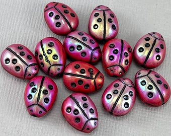 Cherry Red Czech glass ladybug beads, black detail, iridescent rainbow luster - 14mm x 11mm - 6 or 12 pcs - AB704-b476