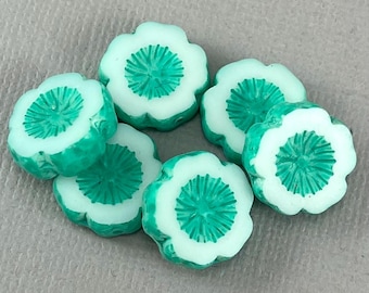White Czech hibiscus glass flower beads, mint green wash - 14mm - 6 or 12 pcs - FB1880-b451