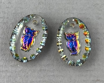Small, crystal clear, helio blue owl, intaglio buff glass oval pendant pair, charms, top drilled - 14mm x 10mm - 2pcs - MG776