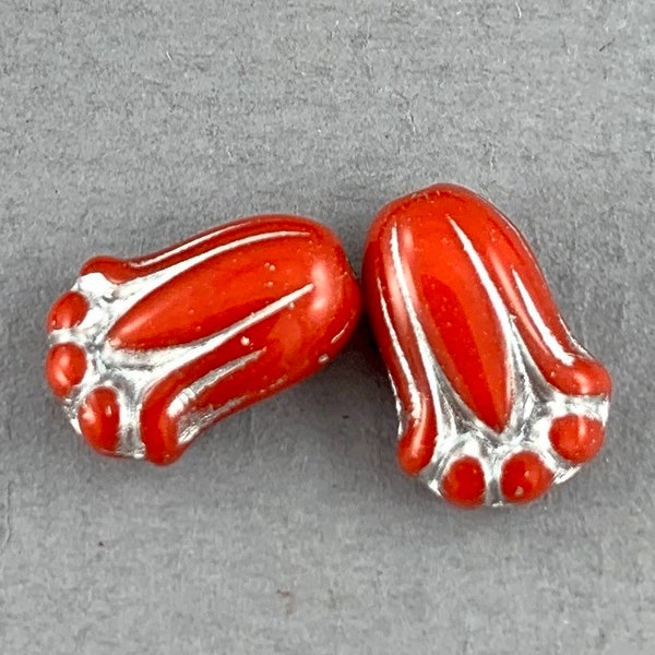 Bright Red Czech glass tulip flower beads, puffy flowers, silver wash, opaque, scarlet - 12mm x 8mm - 12pcs - FB170-b021