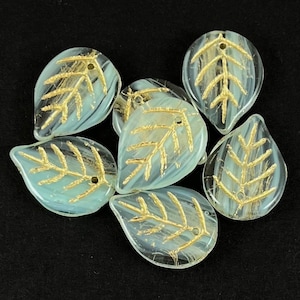 Transparent Clear & Pale Mint Czech glass apple leaf beads, metallic old gold wash, leaves - 18mm x 13mm - 12 or 24 pcs - FB1691-b375