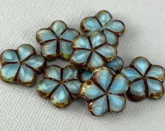 Larimar Blue Czech moonglass table cut flower beads picasso edge, stained glass look, variegated blue - 4, 8 or 16 pcs - 17mm - FB588-b330