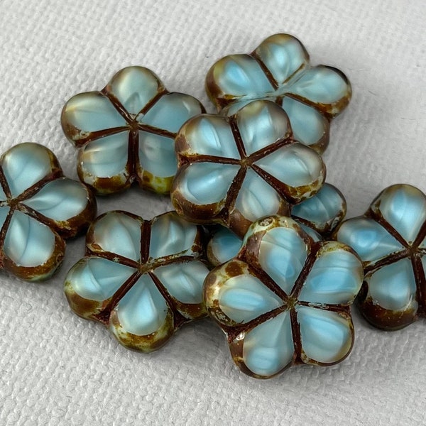 Larimar Blue Czech moonglass table cut flower beads picasso edge, stained glass look, variegated blue - 4, 8 or 16 pcs - 17mm - FB588-b330