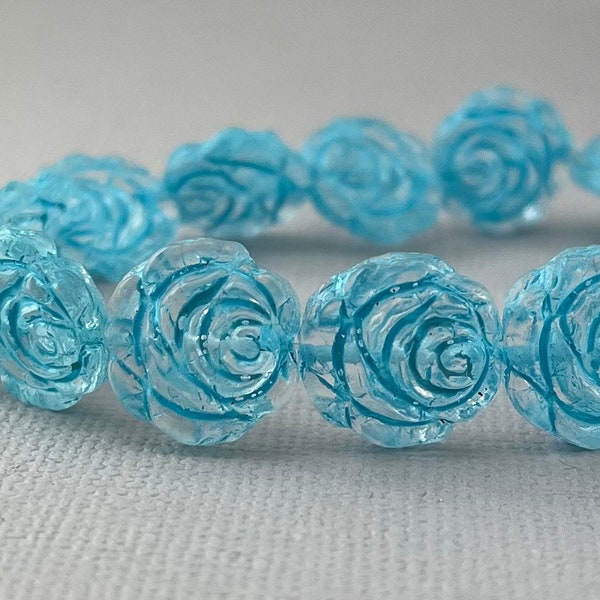 Crystal Clear pressed Czech glass rose flower beads, aqua blue wash carved rose beads - 14mm - 6 or 12 pcs - FB1357-b110