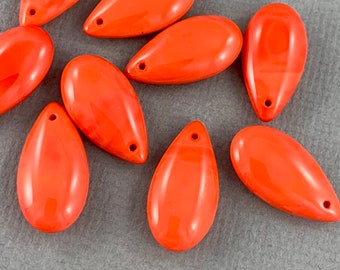 Large, Bright Coral Czech glass teardrop beads, top drilled - 6 or 12 pcs - 22mm x 12mm - MG333-b021