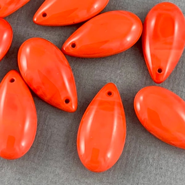Large, Bright Coral pressed opaque Czech glass teardrop beads, top drilled front to back - 6 pcs - 22mm x 12mm - MG333-b021