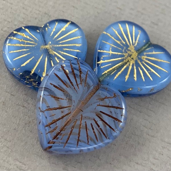 Blue Czech glass pressed heart beads, clear zebra stripes, white core, bronze or gold starburst, large focal - 22mm - 2pcs - MG049-b213